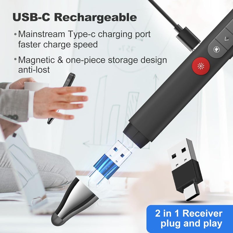 PPTSLID Presentation Clicker with Stylus Pen for Touch Screen, Clicker for Powerpoint Presentations, Computer Wireless Presenter Powerpoint Clicker with Laser Pointer for Presentations Remote Smartboard - Image 3